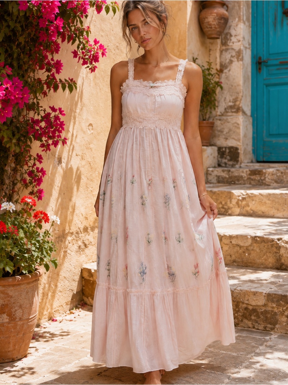 Caroline Constas Blush Pink Floral Embroidered Maxi Dress – Size L – NWT